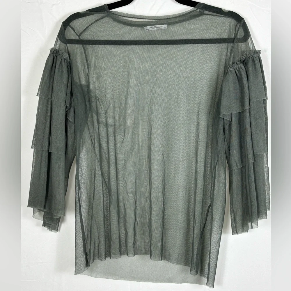 Zara Blouse Top Sheer Dark Green M